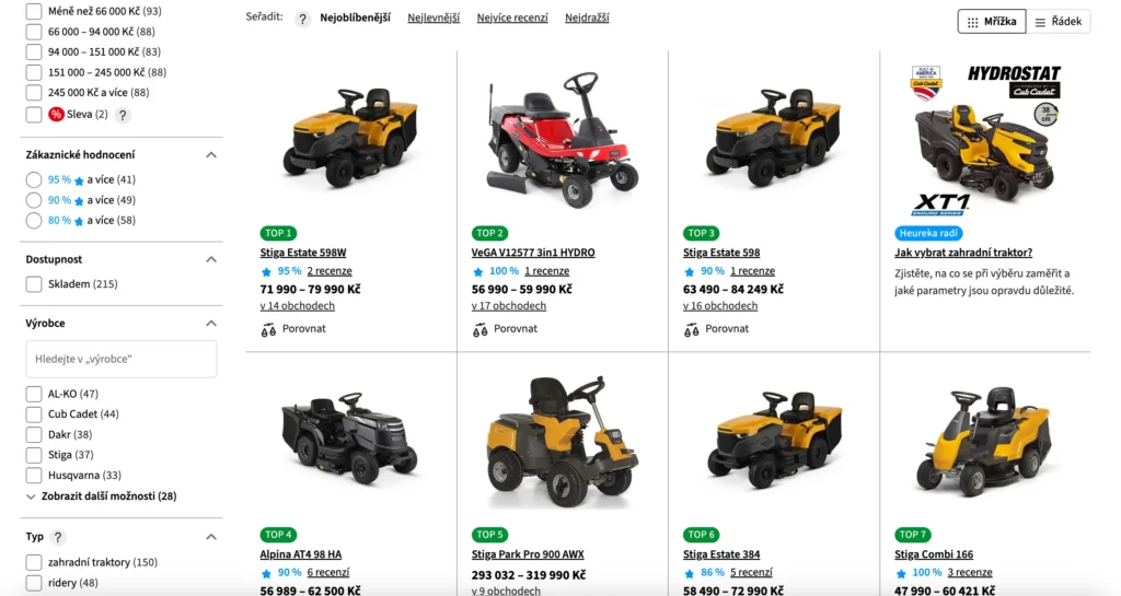 Výběr zahradních traktorů na e-shopu s různými modely a cenami. Ukázka několika různých značek a typů zahradních traktorů s hodnocením zákazníků a cenovým rozpětím.