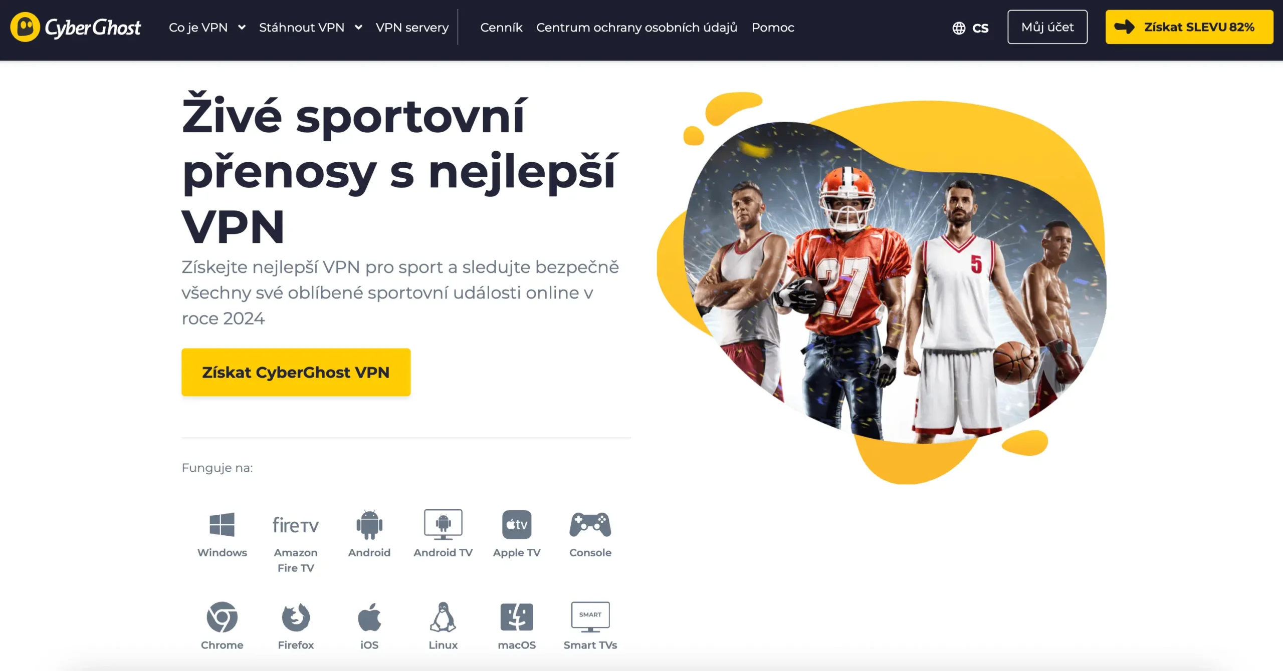 Propagační stránka služby CyberGhost VPN zaměřená na sledování živých sportovních přenosů s využitím VPN v roce 2024.