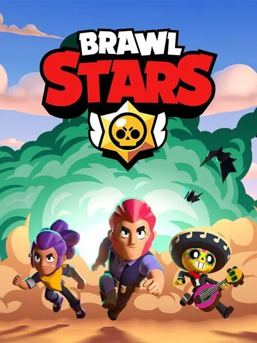 Obrázek tří postav z mobilní hry Brawl Stars od Supercell, které běží směrem k hráči. Logo hry Brawl Stars je umístěno nahoře uprostřed, zatímco pozadí zobrazuje oblačný výbuch a oblohu.