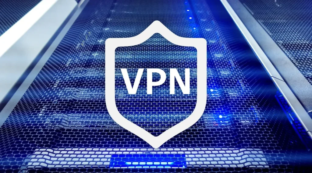 Ilustrace VPN štítu na pozadí serverové infrastruktury, symbolizující ochranu soukromí a zabezpečení online.