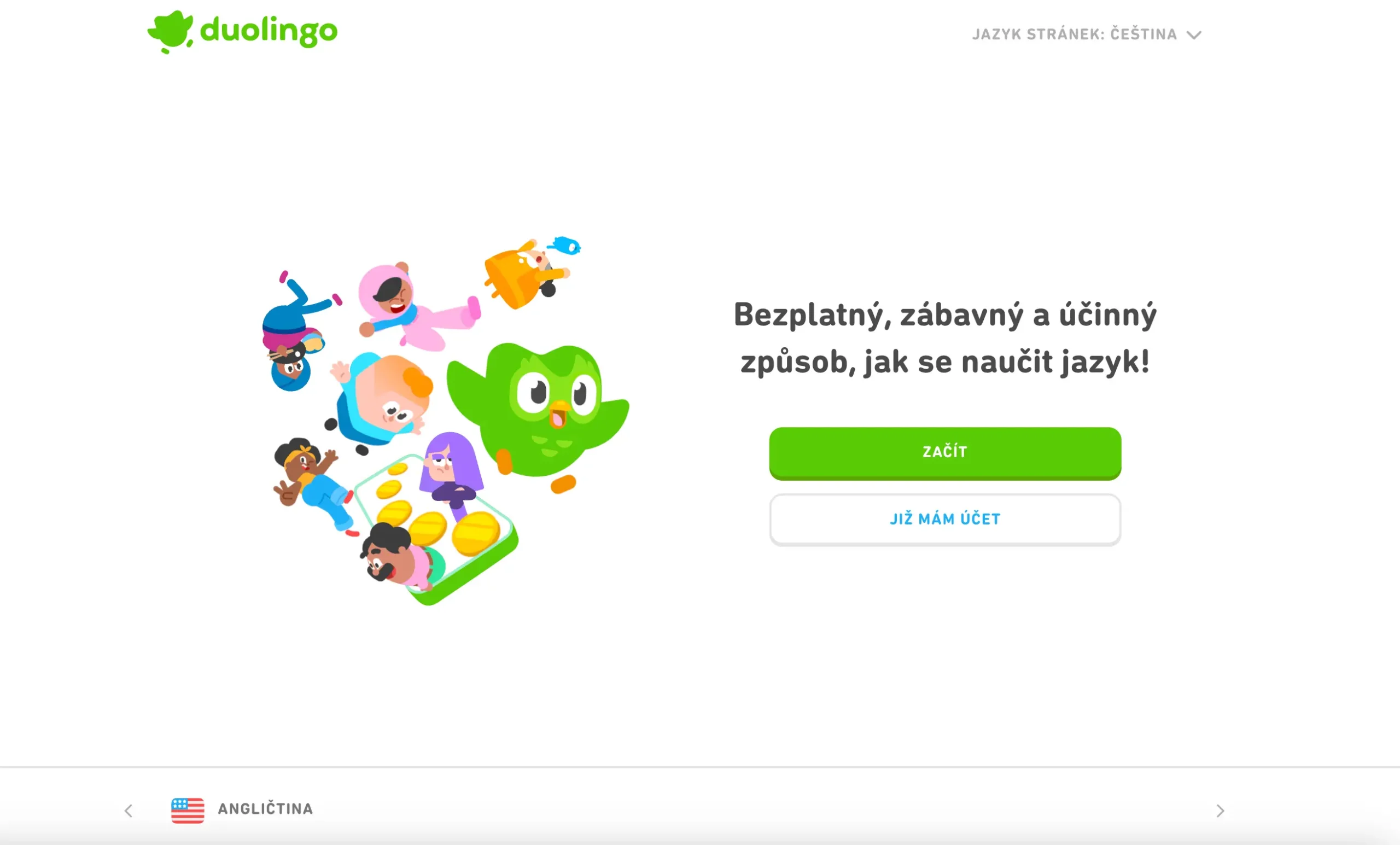 Domovská stránka aplikace Duolingo s barevnou ilustrací maskota sovy a několika postavičkami, která propaguje bezplatný, zábavný a efektivní způsob, jak se naučit jazyk. Na stránce jsou tlačítka „Začít“ a „Již mám účet“.