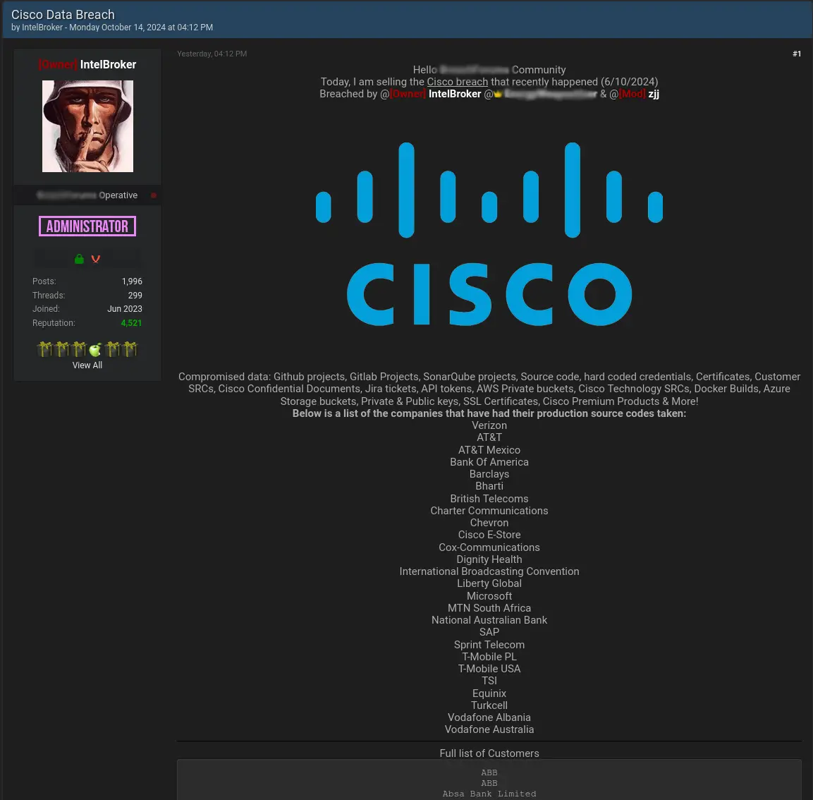 Snímek obrazovky z hackerského fóra, kde uživatel IntelBroker nabízí k prodeji citlivá data ukradená společnosti Cisco. Obraz obsahuje logo Cisco, seznam ukradených dat a jména významných společností, jako jsou Verizon, Microsoft, Barclays a další, jejichž produkční kódy byly údajně kompromitovány