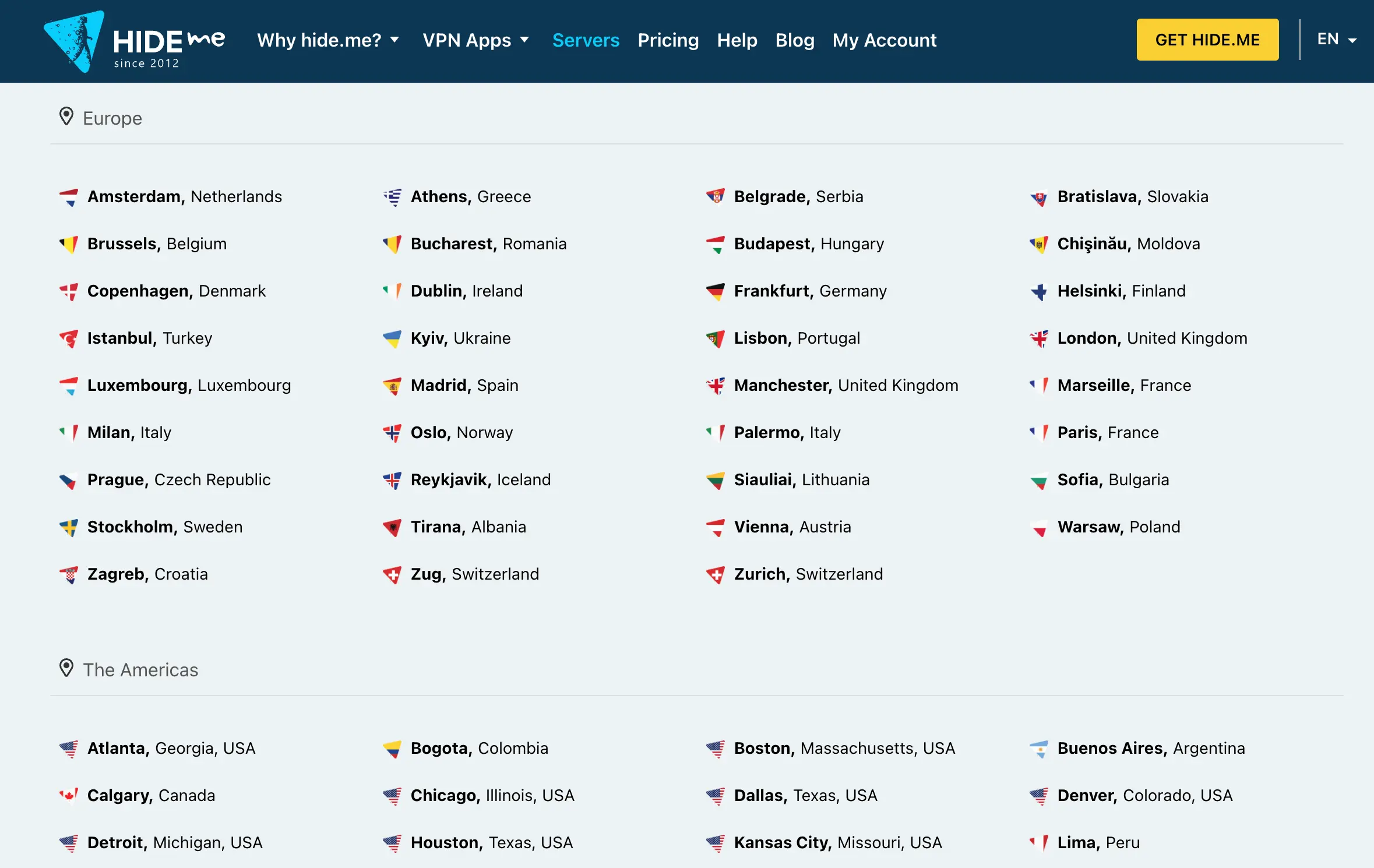Seznam evropských serverů, které Hide.me VPN nabízí, včetně lokalit jako Amsterdam, Praha, Londýn a další, spolu s několika americkými a světovými lokacemi.