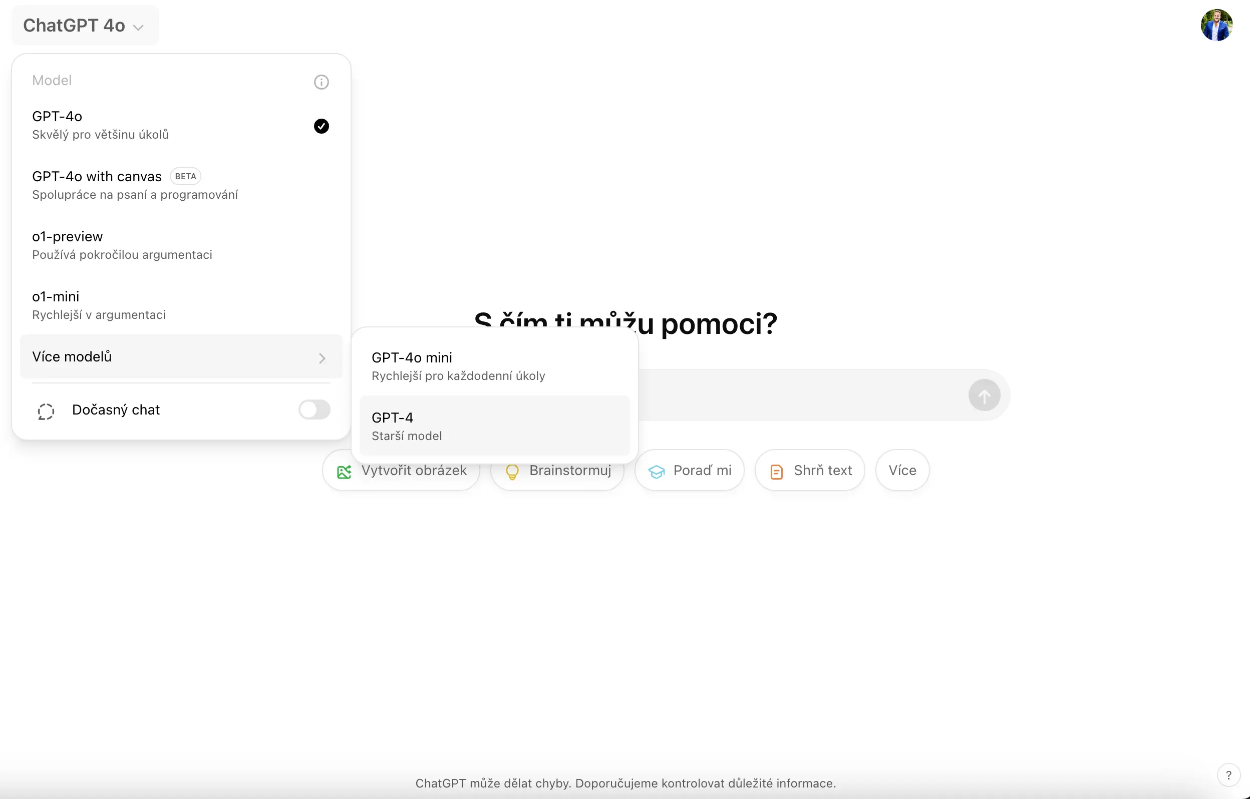 Nabídka modelů v rozhraní ChatGPT s možnostmi výběru mezi GPT-4o, GPT-4o mini a starším modelem GPT-4. GPT-4o mini je označena jako rychlejší pro každodenní úkoly, zatímco GPT-4 je popsána jako starší model.