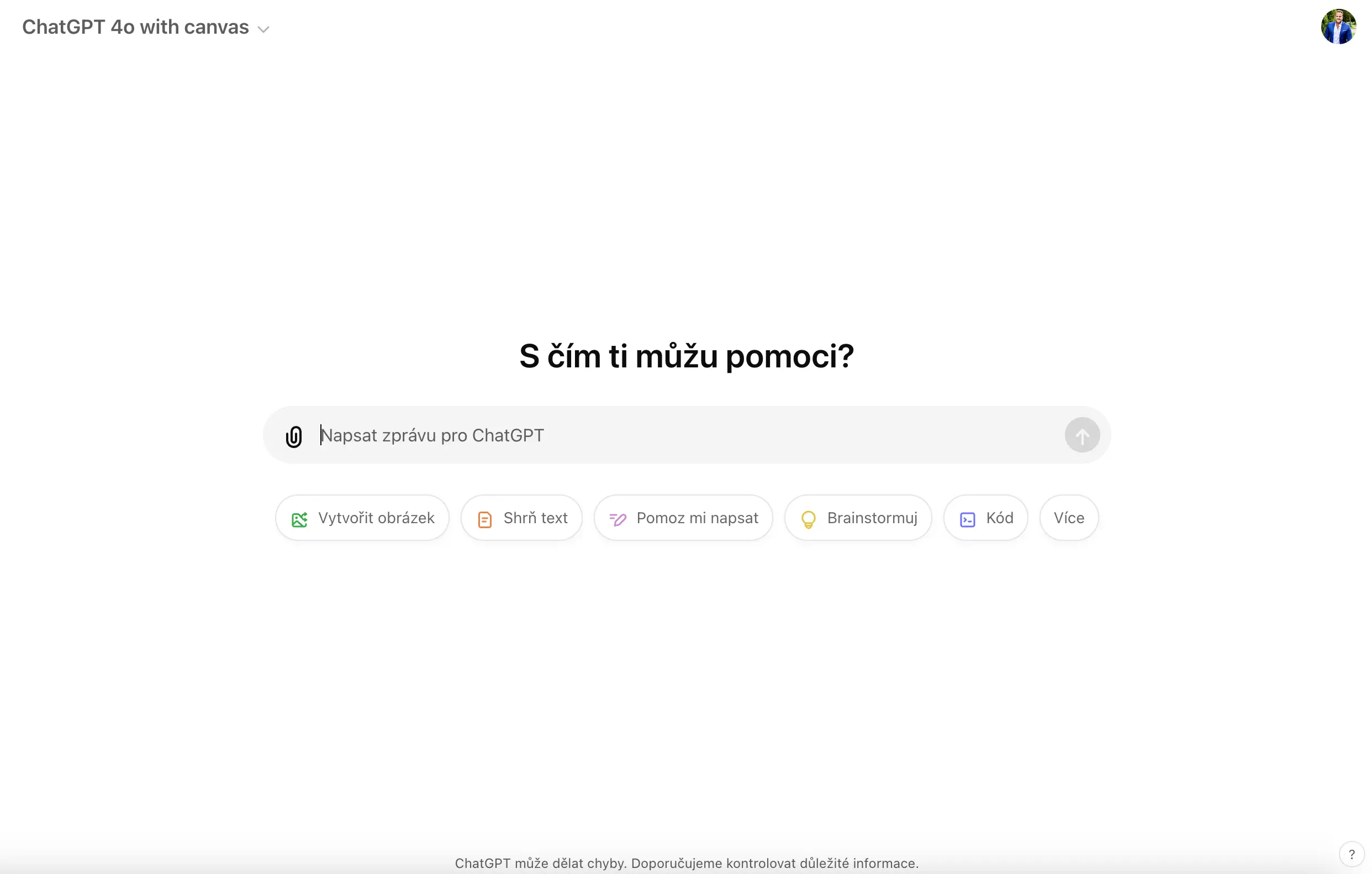 ChatGPT 4o with canvas - Hlavní obrazovka s textovým polem pro zadání dotazu a nabídkou možností jako 'Vytvořit obrázek', 'Shrň text', 'Pomoz mi napsat', 'Brainstormuj' a další.