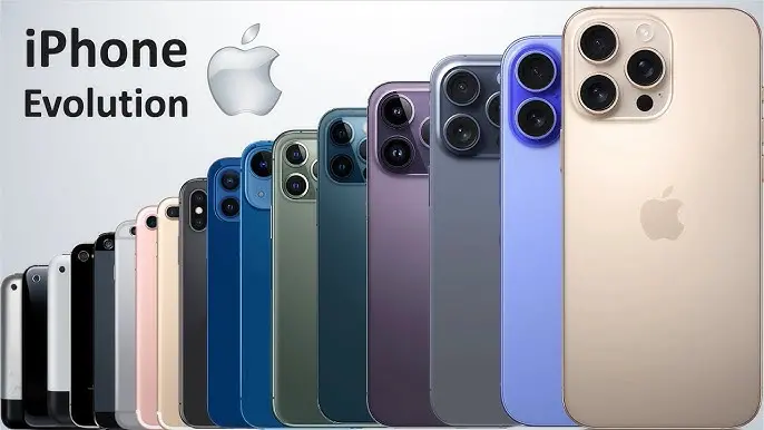 Vývoj modelů iPhone od první generace po nejnovější modely iPhone 15 Pro Max, ukazující všechny klíčové designové změny v průběhu let.