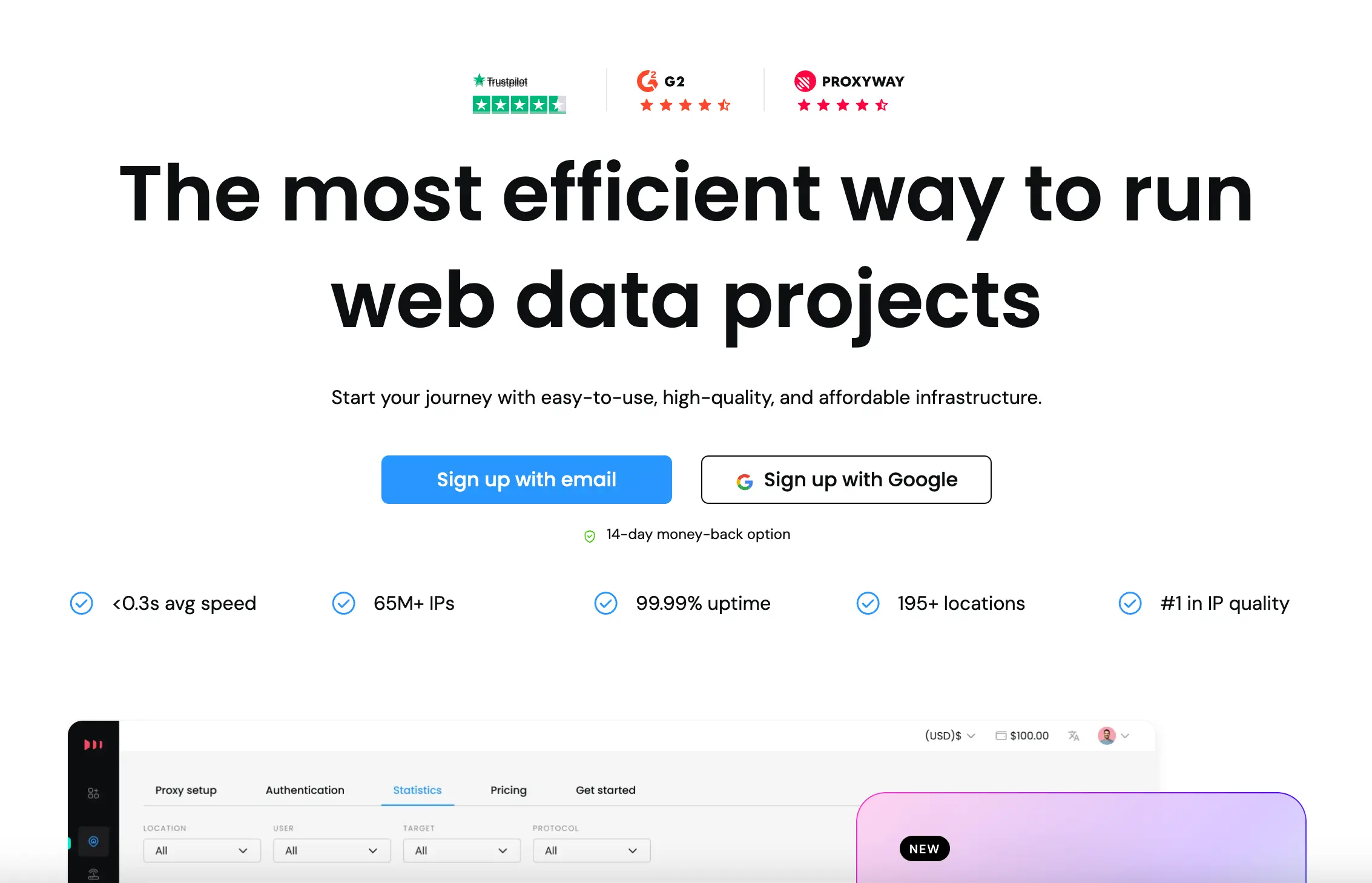 Domovská stránka Smartproxy s nabídkou proxy služeb pro webové datové projekty, zahrnující informace o rychlosti, počtu IP adres, dostupnosti a počtu lokalit, s možnostmi registrace pomocí e-mailu nebo Google účtu.