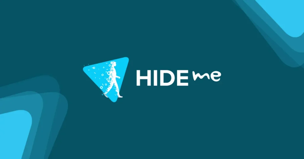 Oficiální logo Hide.me VPN s modrým trojúhelníkovým symbolem zobrazujícím siluetu postavy, která mizí do bublin, symbolizující anonymitu a soukromí poskytované touto VPN službou. Vedle loga je název společnosti „Hide.me“ na tmavomodrém pozadí.