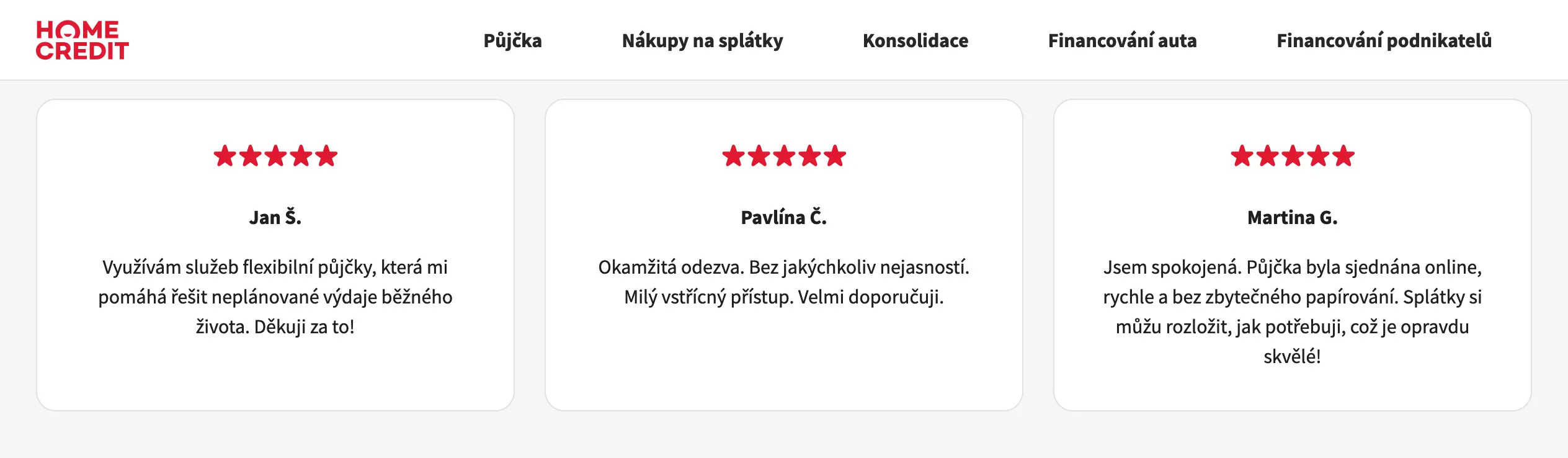 Příklady zákaznických referencí, které hodnotí půjčku Home Credit jako spolehlivou a flexibilní službu.