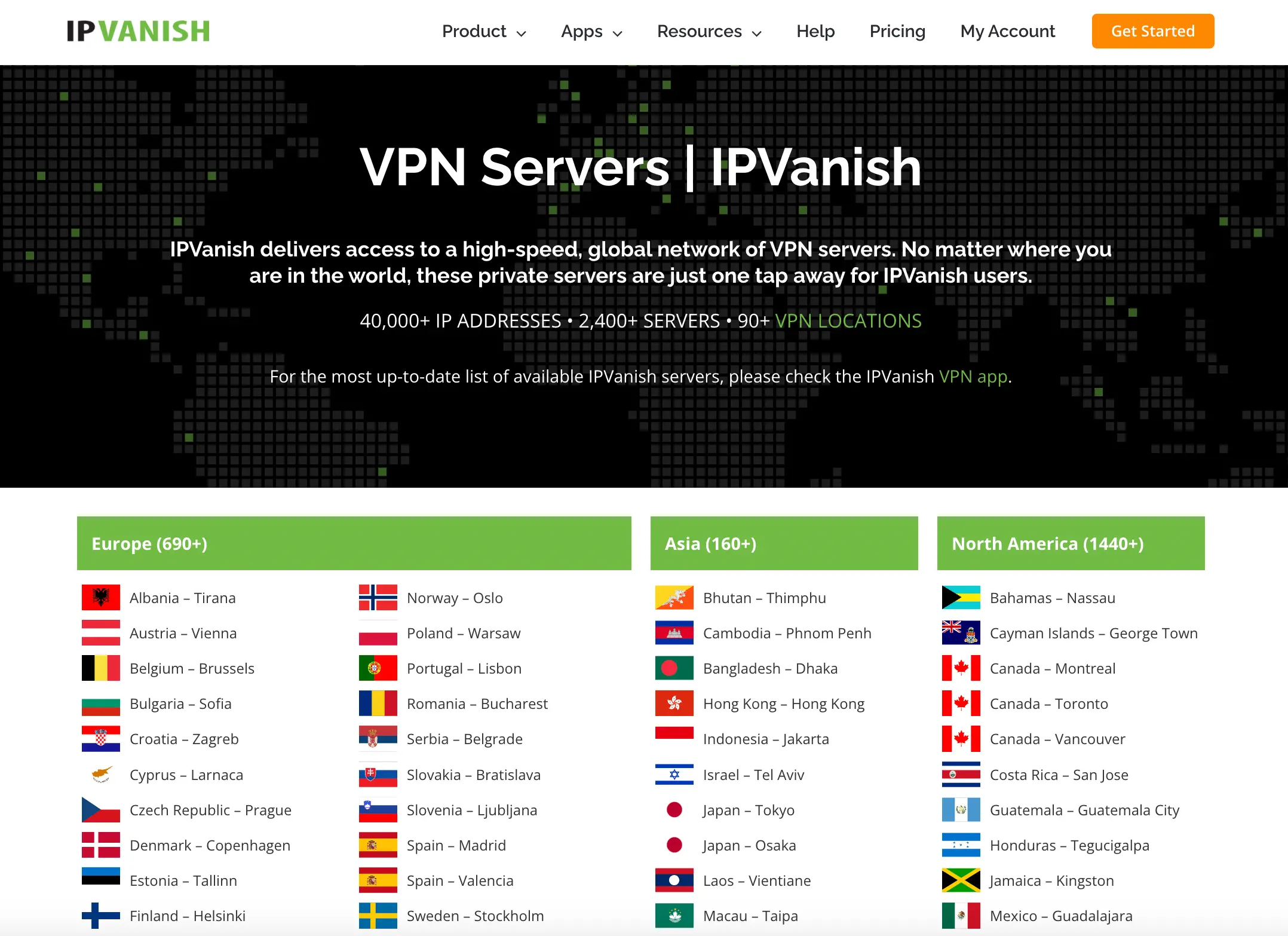 Seznam VPN serverů dostupných v různých zemích světa od IPVanish, ilustrující globální pokrytí s více než 2 400 servery a 90+ VPN lokalitami.