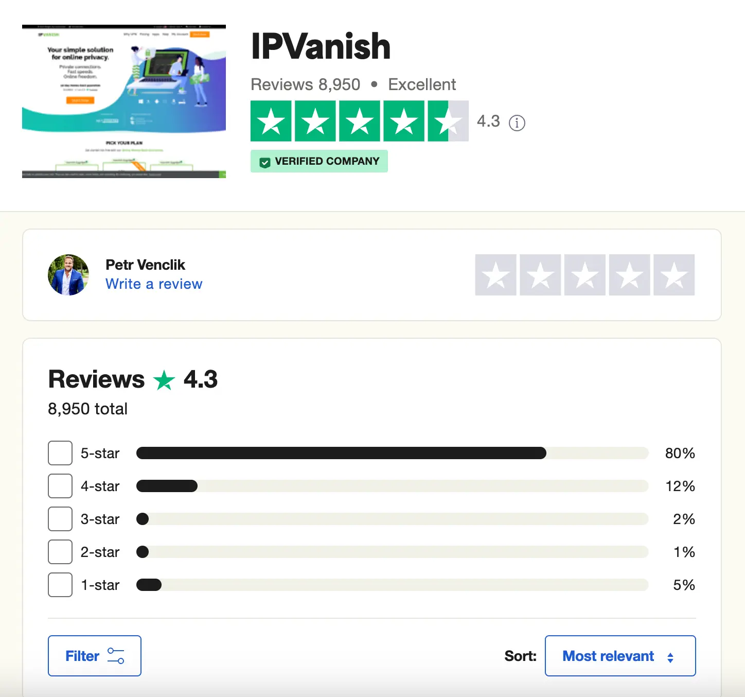 Hodnocení IPVanish na Trustpilot - celkové skóre 4.3 z 5 hvězdiček na základě 8 950 recenzí, ukazující vysokou spokojenost uživatelů s touto VPN službou.