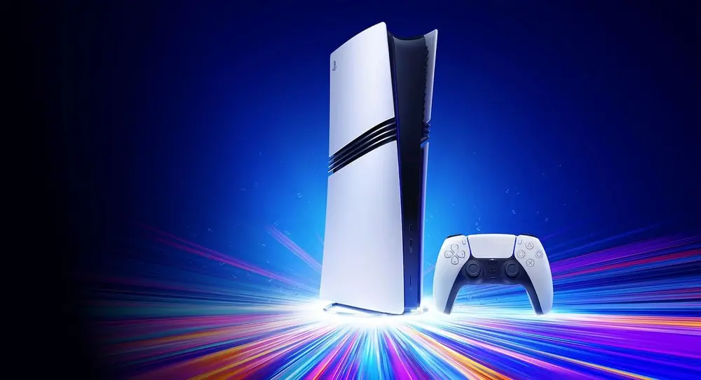 PlayStation 5 Pro s ovladačem DualSense, s barevnými světelnými efekty znázorňujícími rychlost a výkon konzole.