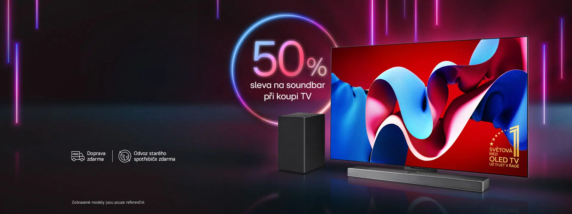 Promo nabídka televizoru LG OLED s 50% slevou na soundbar při koupi TV. Na obrazovce je zobrazen televizor s jasnými barevnými vzory, doprovázený zvukovým systémem. Pozadí obsahuje neonové světelné efekty.