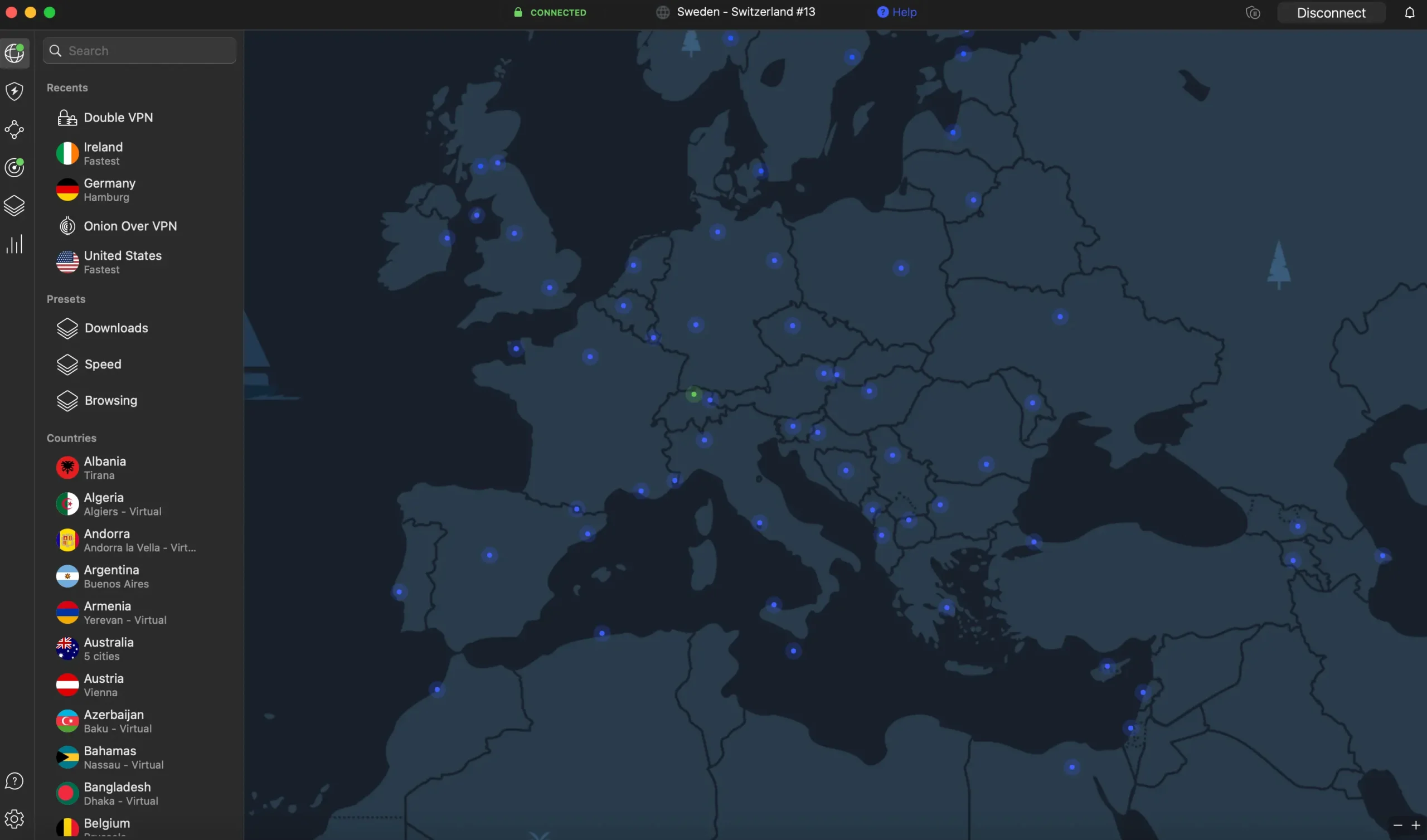 Mapa serverů NordVPN s připojením v Evropě.