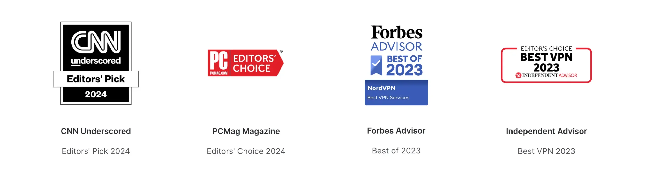 Ocenění pro NordVPN od CNN Underscored, PCMag, Forbes Advisor a Independent Advisor za roky 2023 a 2024, zdůrazňující kvalitu této VPN služby.