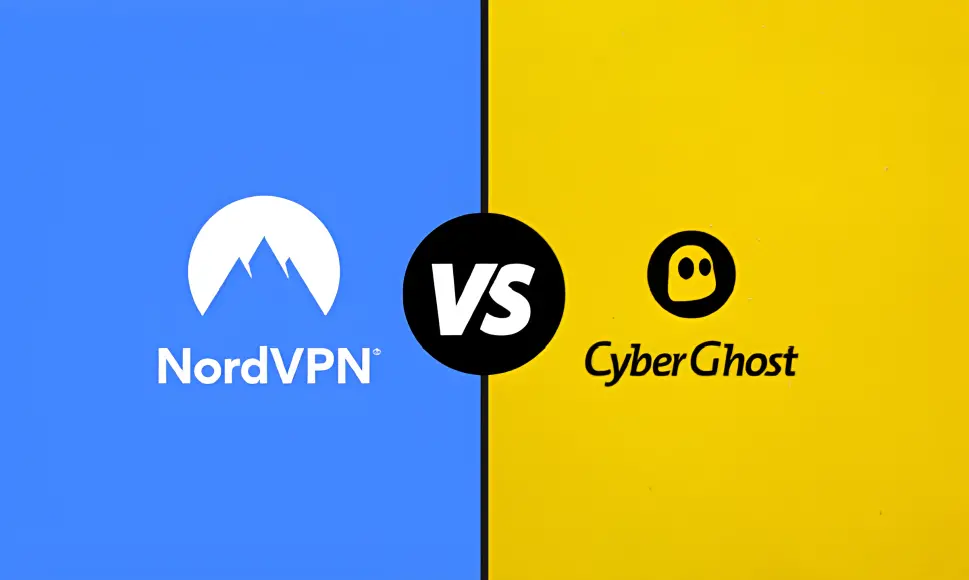 Srovnání NordVPN a CyberGhost VPN služeb, s logy obou společností zobrazenými vedle sebe na barevném pozadí – modré pro NordVPN a žluté pro CyberGhost, oddělené černým nápisem "VS" uprostřed.