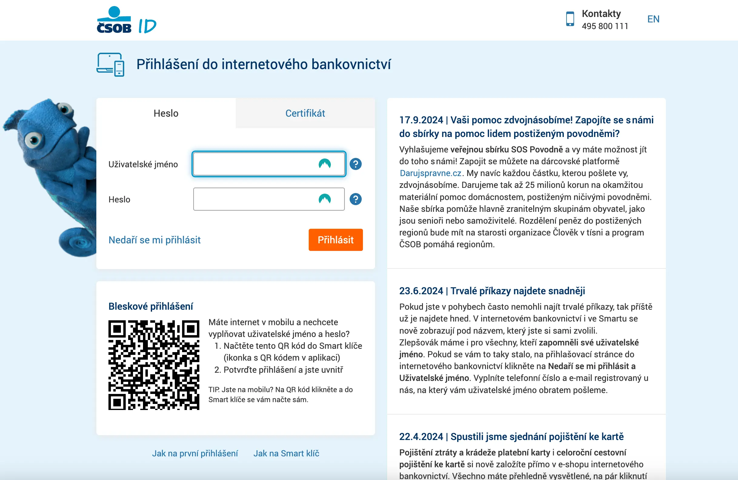 Přihlašovací stránka do internetového bankovnictví ČSOB s možností zadání uživatelského jména a hesla, včetně funkce bleskového přihlášení pomocí QR kódu přes Smart klíč.