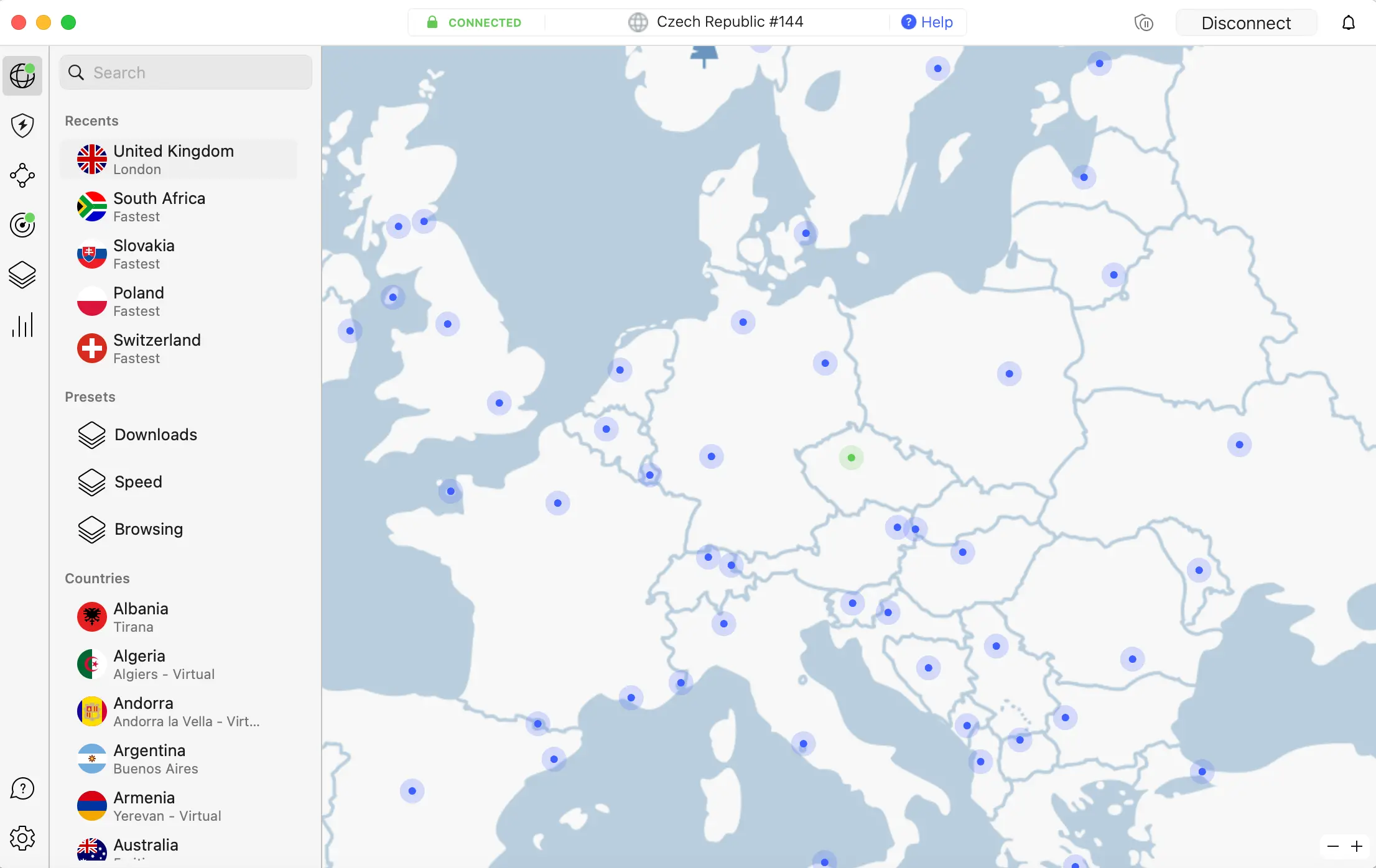 Rozhraní NordVPN ukazující připojení k serveru v České republice na mapě Evropy.