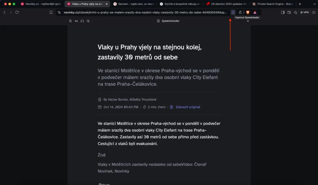 Obrázek zobrazuje funkci Speedreader v prohlížeči Brave, která zjednodušuje obsah článků pro rychlejší a efektivnější čtení.