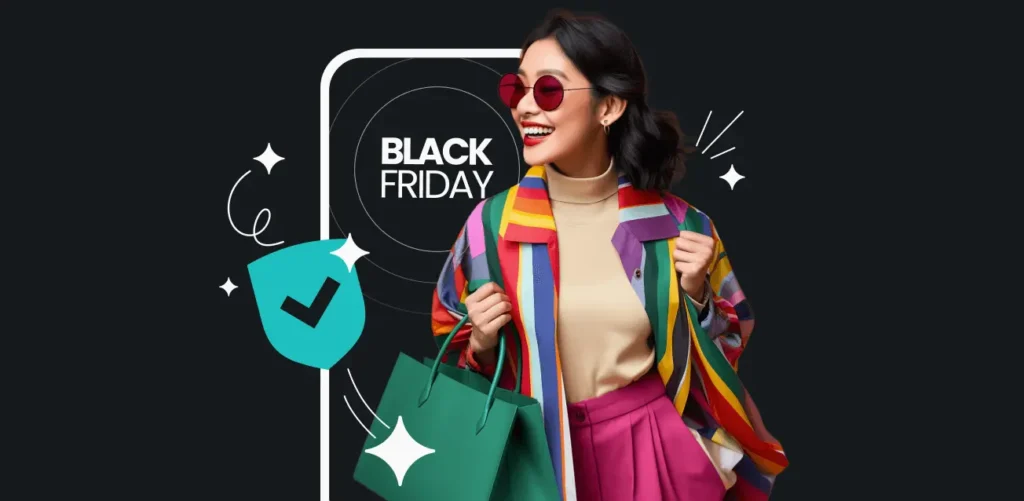 Žena s nákupními taškami během Black Friday, propagace Surfshark VPN na bezpečný online nákup.