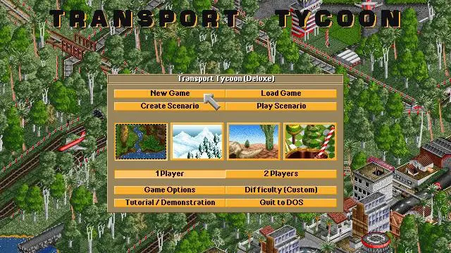 Screenshot z hlavní nabídky hry Transport Tycoon Deluxe, zobrazující možnosti nového scénáře, načítání uložené hry a různé herní režimy. Klasická ekonomická simulace z 90. let s ikonickou grafikou a možnostmi budování dopravního impéria.