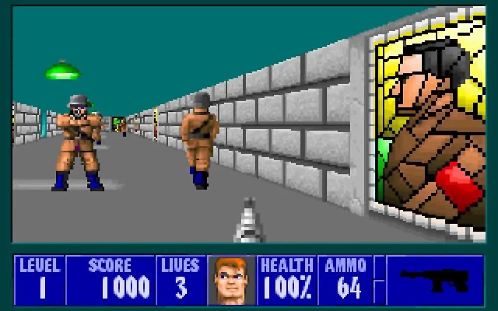 Screenshot ze hry Wolfenstein 3D z 90. let, ukazující pohled první osoby v koridoru s nacistickými vojáky a herním rozhraním ve spodní části obrazovky. Ikonická grafika a atmosféra klasického FPS titulu, který definoval žánr.