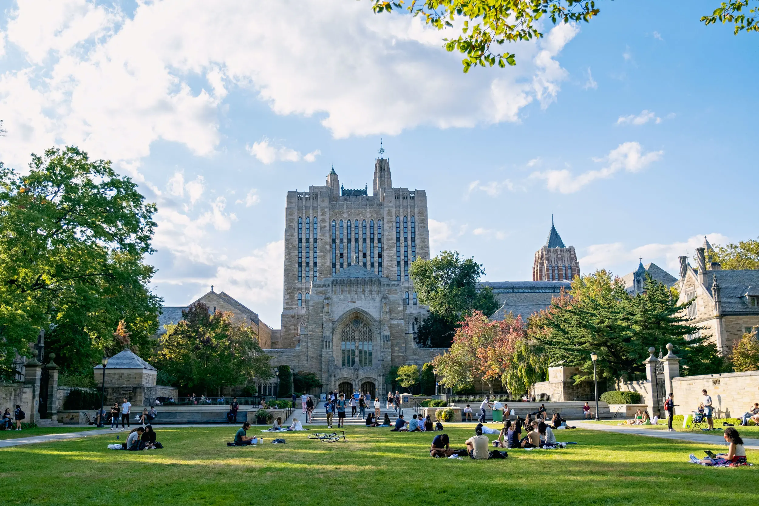 Malebný kampus univerzity Yale, plný studentů, kteří si užívají odpolední odpočinek na trávníku.