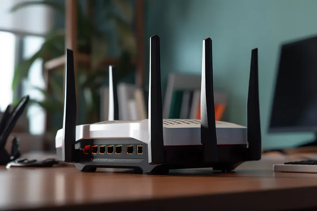 Moderní router s vícenásobnými anténami sloužící jako základní prvek domácí WiFi sítě. Silné zabezpečení routeru je klíčové pro ochranu před hackery a jinými hrozbami.