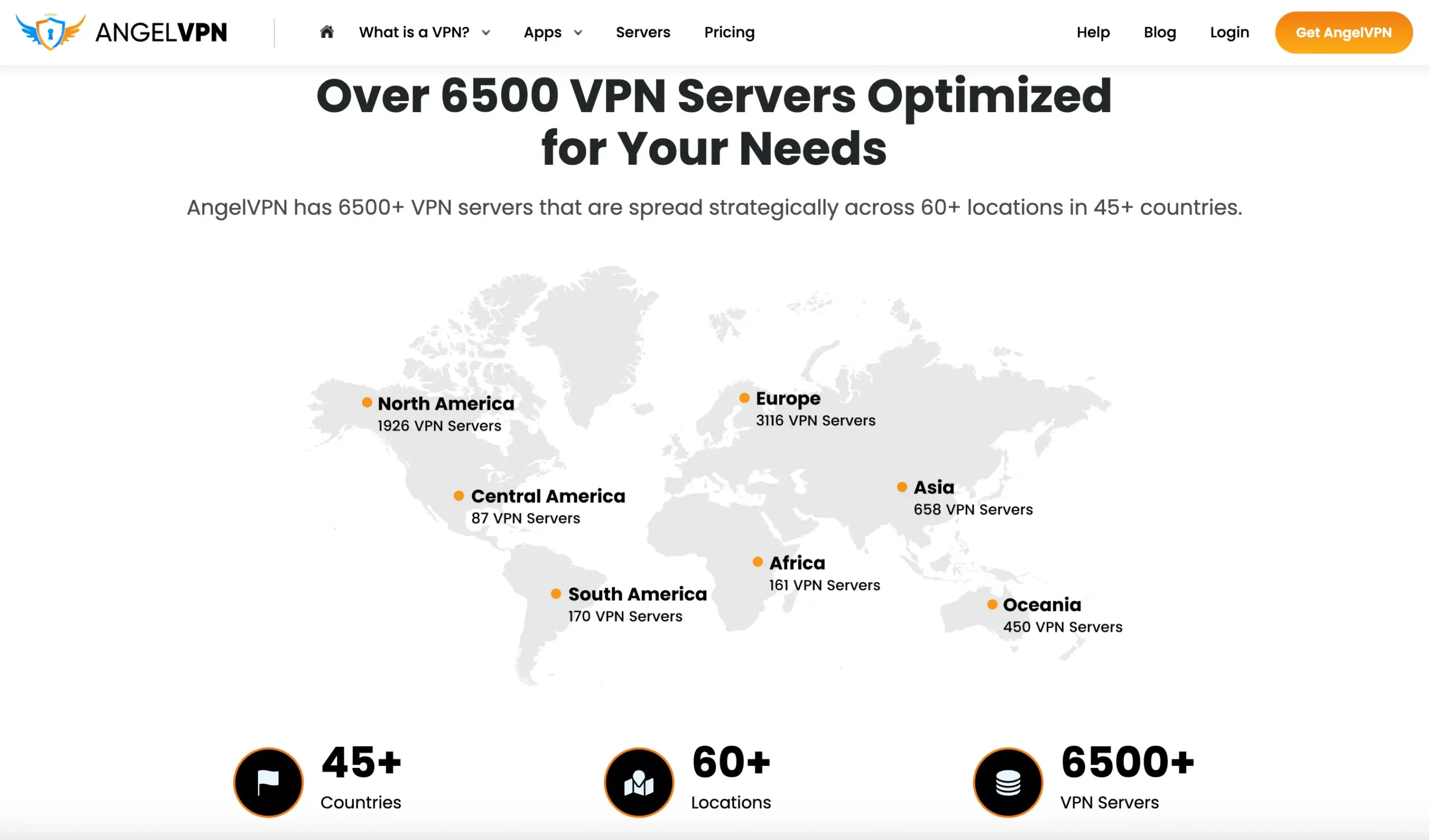 Mapa pokrytí serverů AngelVPN s více než 6500 servery ve 45 zemích