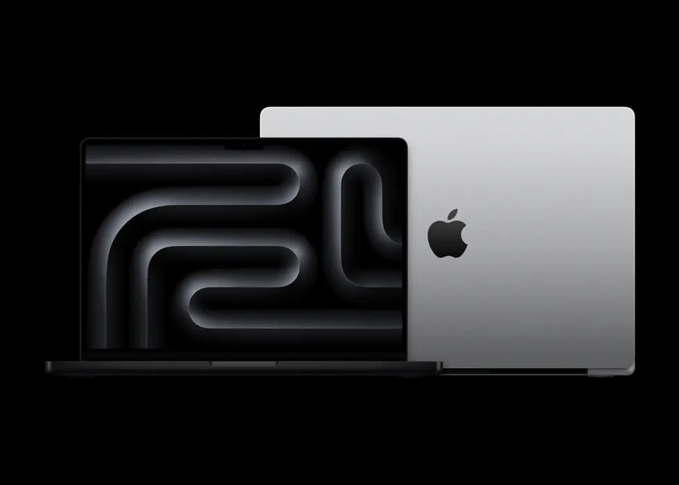 MacBook Pro M4 v provedení Space Black zobrazený zepředu a zezadu, zvýrazňující minimalistický design a logo Apple.