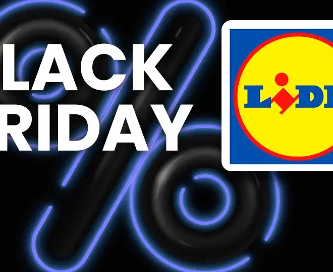 Černý banner s neonovým modrým symbolem procenta, nápisem "Black Friday" a logem Lidl. Obrázek znázorňuje výhodné nákupy během akce Black Friday na Lidl-shop.cz.