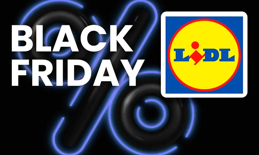 Černý banner s neonovým modrým symbolem procenta, nápisem "Black Friday" a logem Lidl. Obrázek znázorňuje výhodné nákupy během akce Black Friday na Lidl-shop.cz.