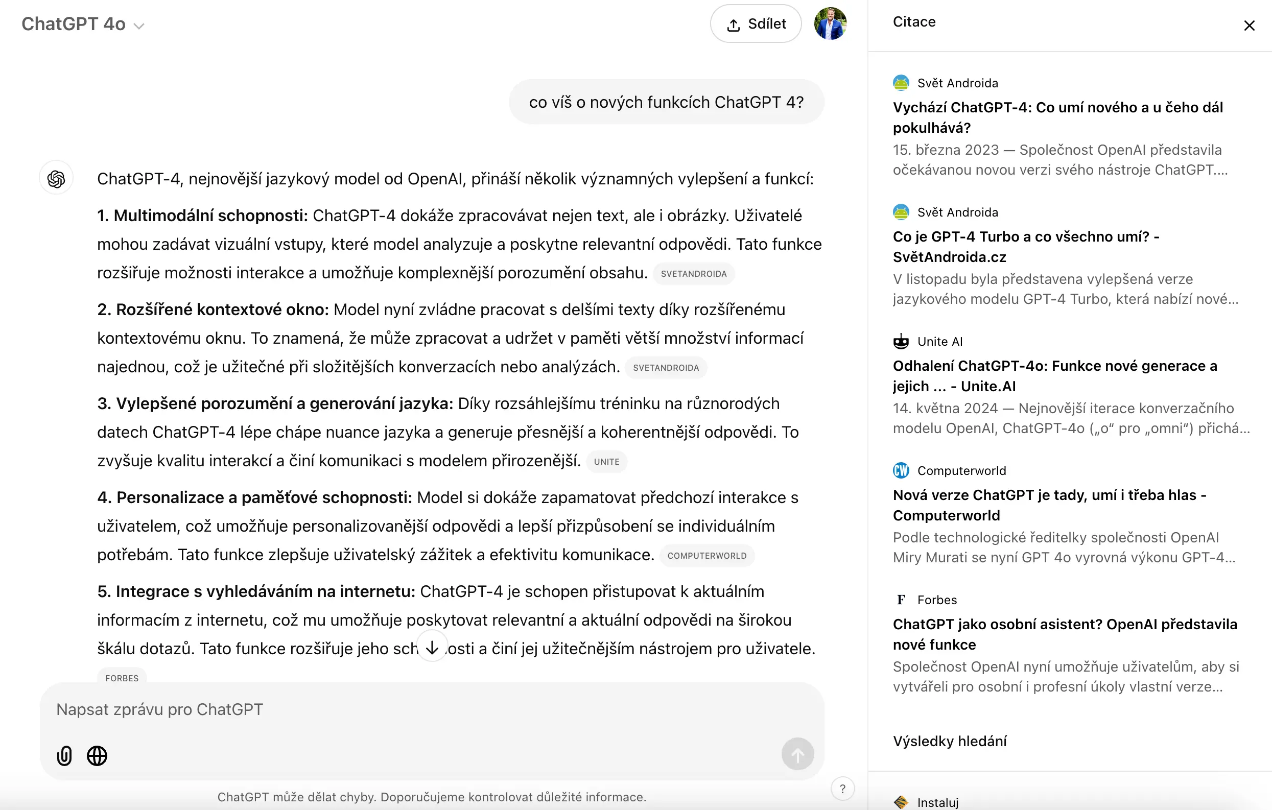 Screenshot rozhraní ChatGPT 4 s funkcí SearchGPT od OpenAI, zobrazující přehled nových funkcí modelu, jako je multimodální schopnost, rozšířené kontextové okno, personalizace a vyhledávání na internetu.