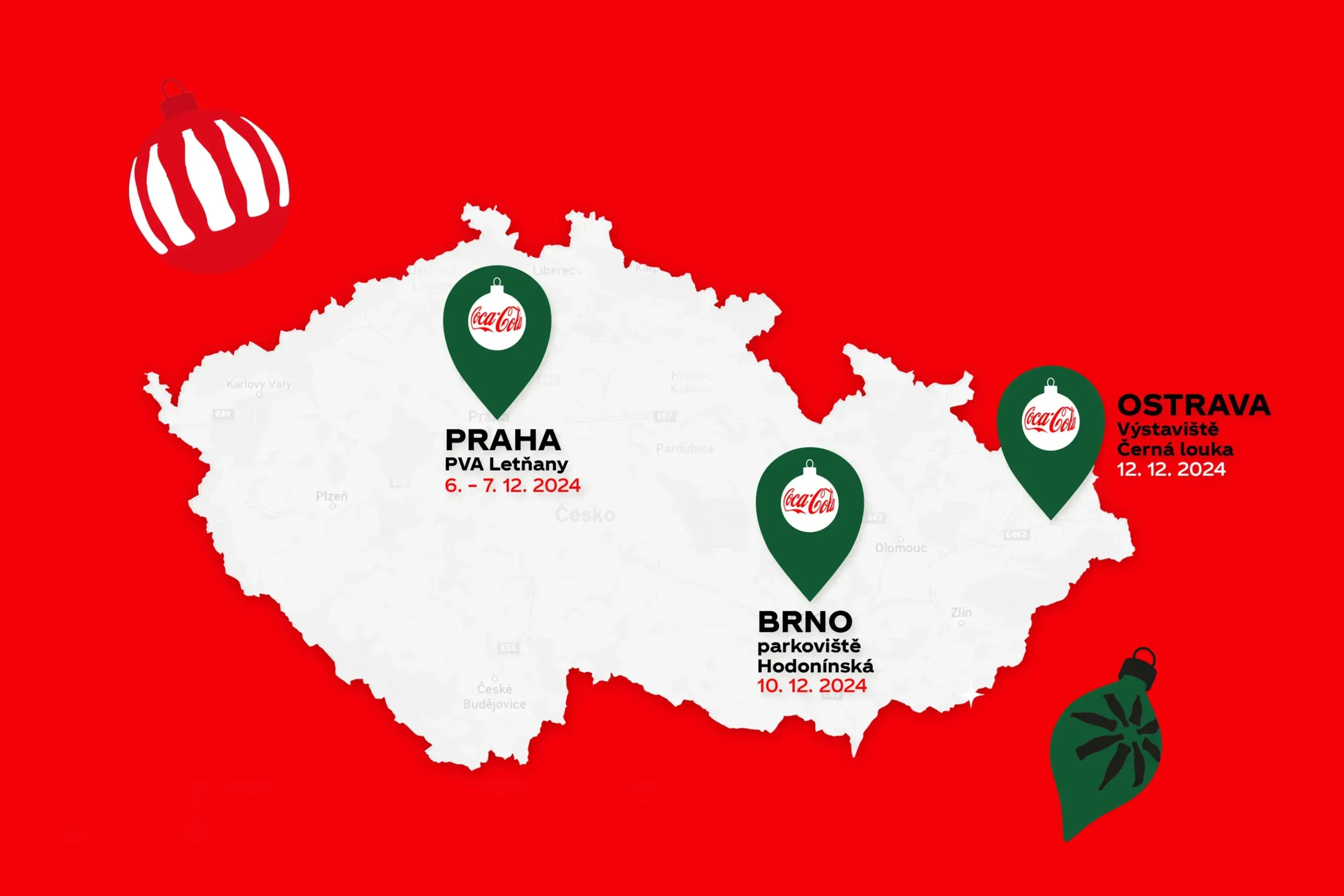 Mapa České republiky s trasou vánočního kamionu Coca-Cola 2024, zahrnující Prahu, Brno a Ostravu, označenou vánočními ikonami.