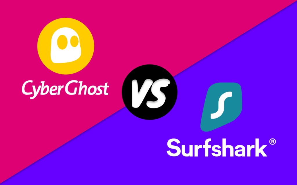 Porovnání VPN CyberGhost a Surfshark – logo CyberGhost na růžovém pozadí vlevo a logo Surfshark na fialovém pozadí vpravo, s nápisem 'VS' uprostřed.