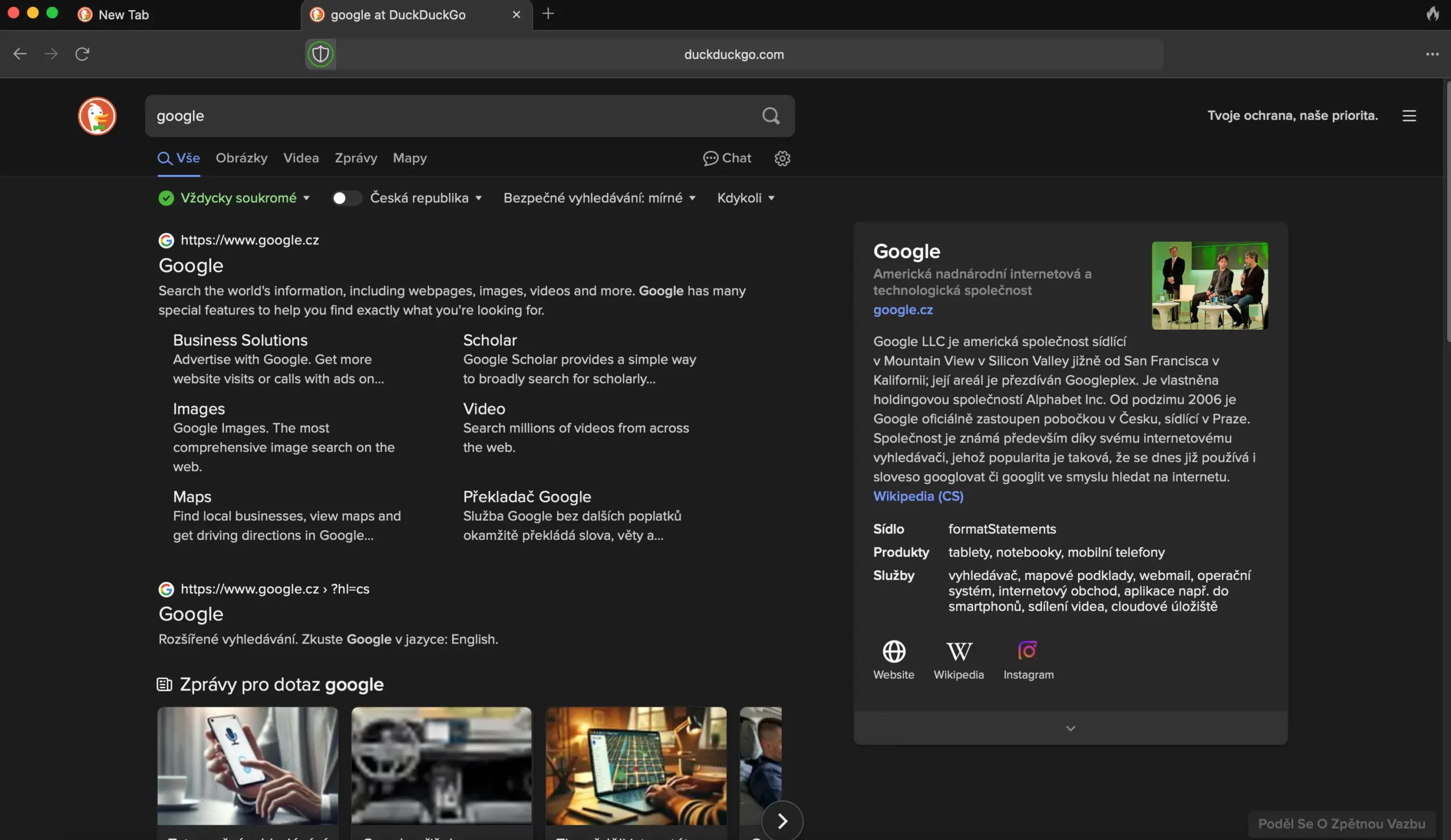 Vyhledávání slova "Google" na vyhledávači DuckDuckGo s temným režimem. Výsledky zobrazují základní informace o společnosti Google, včetně odkazů na služby jako Google Scholar, Google Images a Google Maps. Na pravé straně je panel s podrobnějšími informacemi o společnosti, jako je její sídlo, produkty a služby.