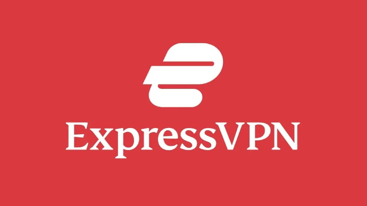 Červené logo ExpressVPN s ikonickým designem a textem značky.