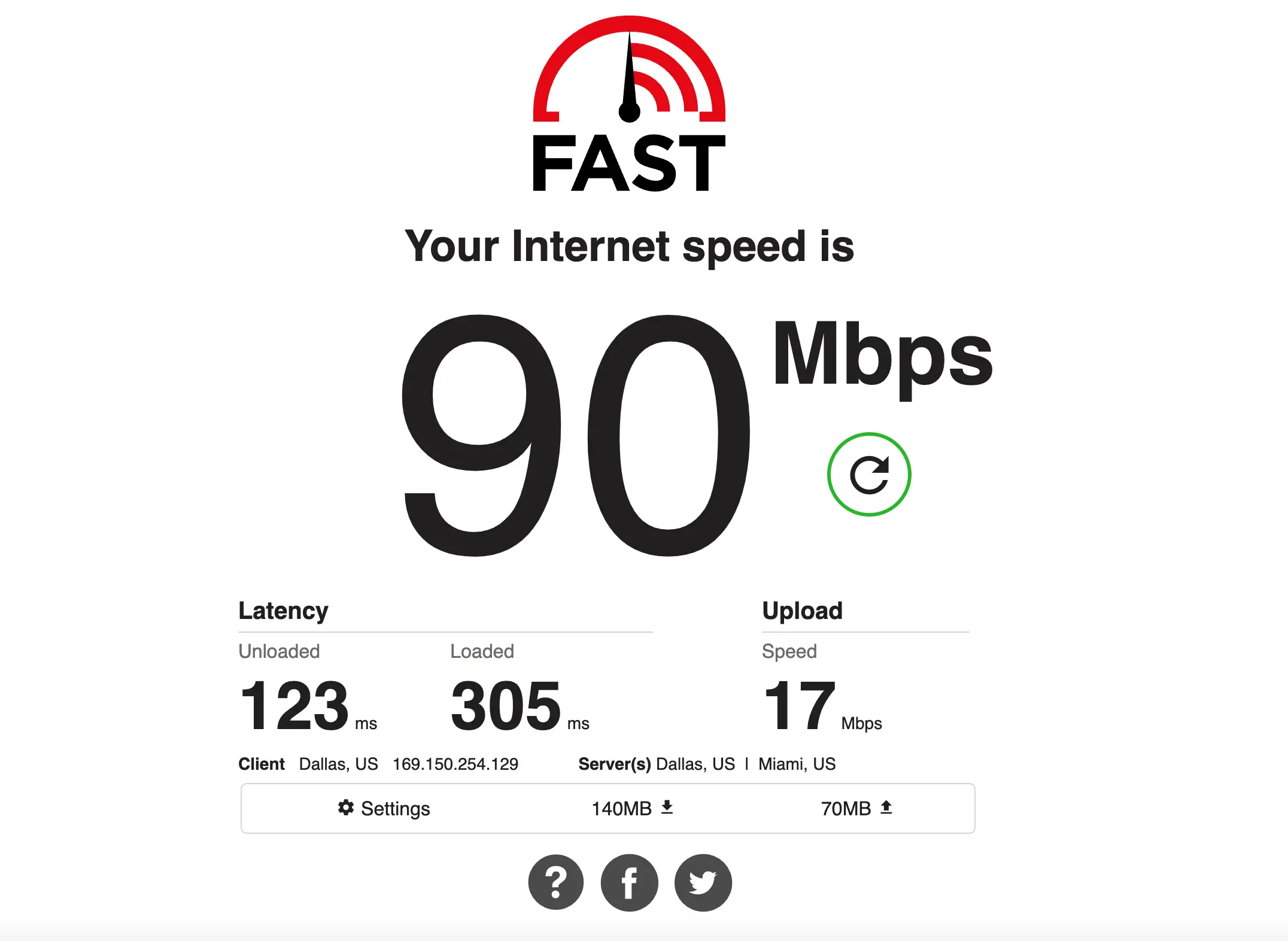 Výsledek testu rychlosti internetu na Fast.com ukazuje rychlost stahování 90 Mbps, nahrávání 17 Mbps a latenci 123 ms.