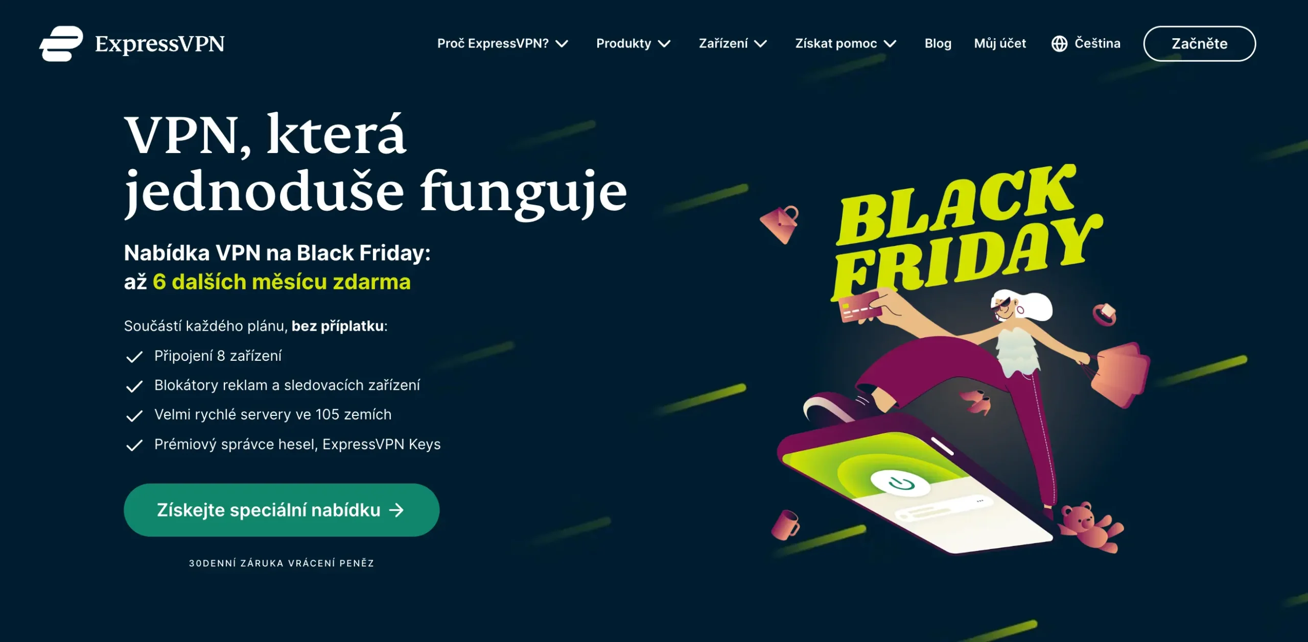 Black Friday nabídka ExpressVPN s až 6 měsíci zdarma, zahrnující připojení až 8 zařízení, blokování reklam a servery ve 105 zemích.