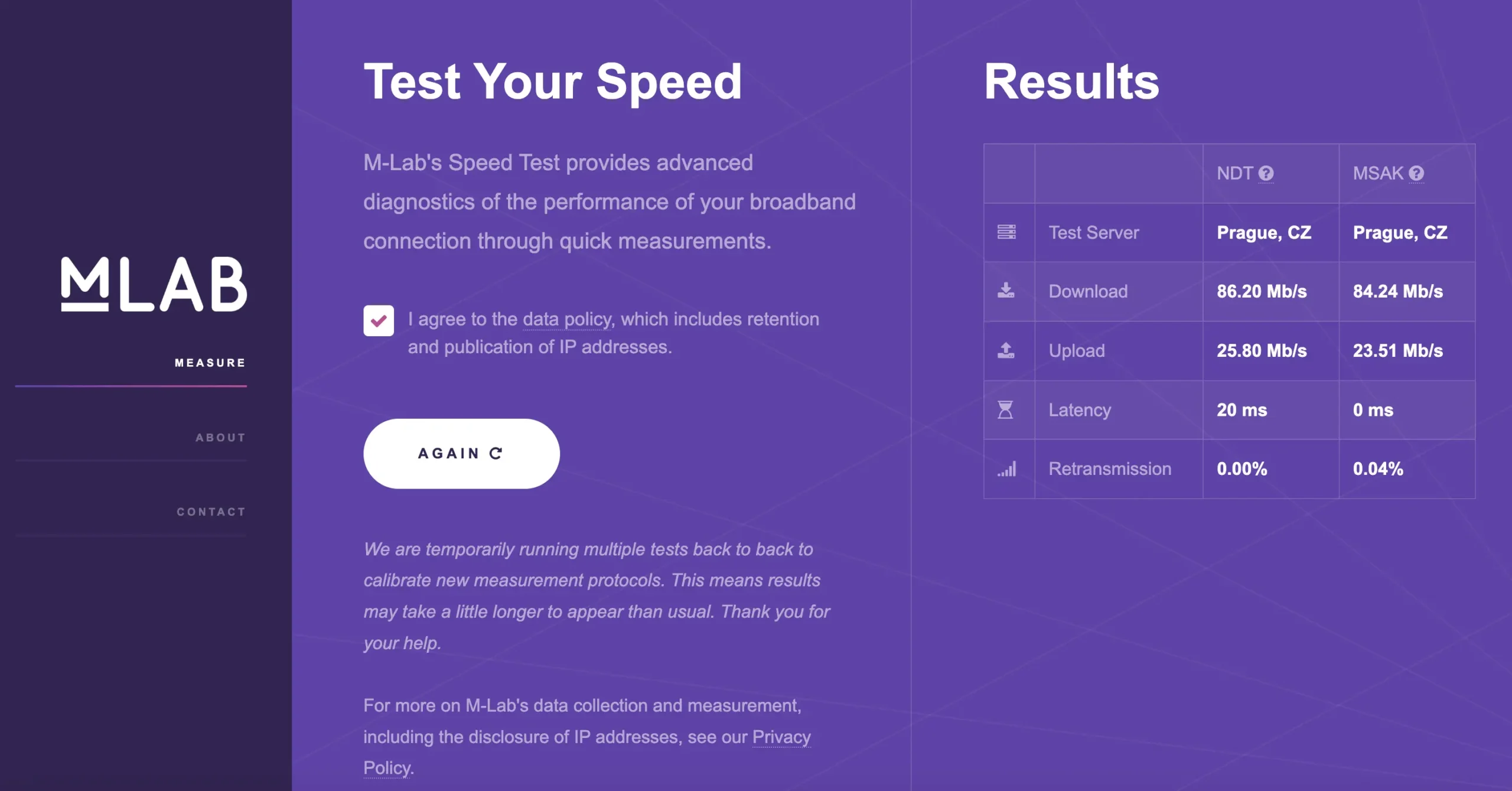 Výsledky testu rychlosti internetu na M-Lab ukazují rychlost stahování 86,2 Mbps, nahrávání 25,8 Mbps a latenci 20 ms při použití serveru v Praze.