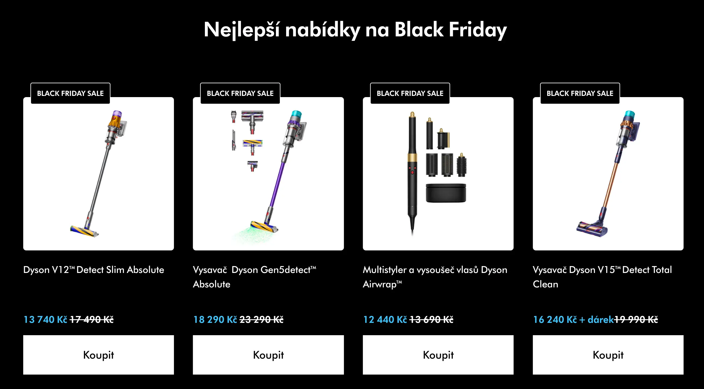 Nejlepší nabídky na Black Friday od Dyson: Vysavače, péče o vlasy a čističky vzduchu za akční ceny s výraznými slevami až 5 000 Kč.