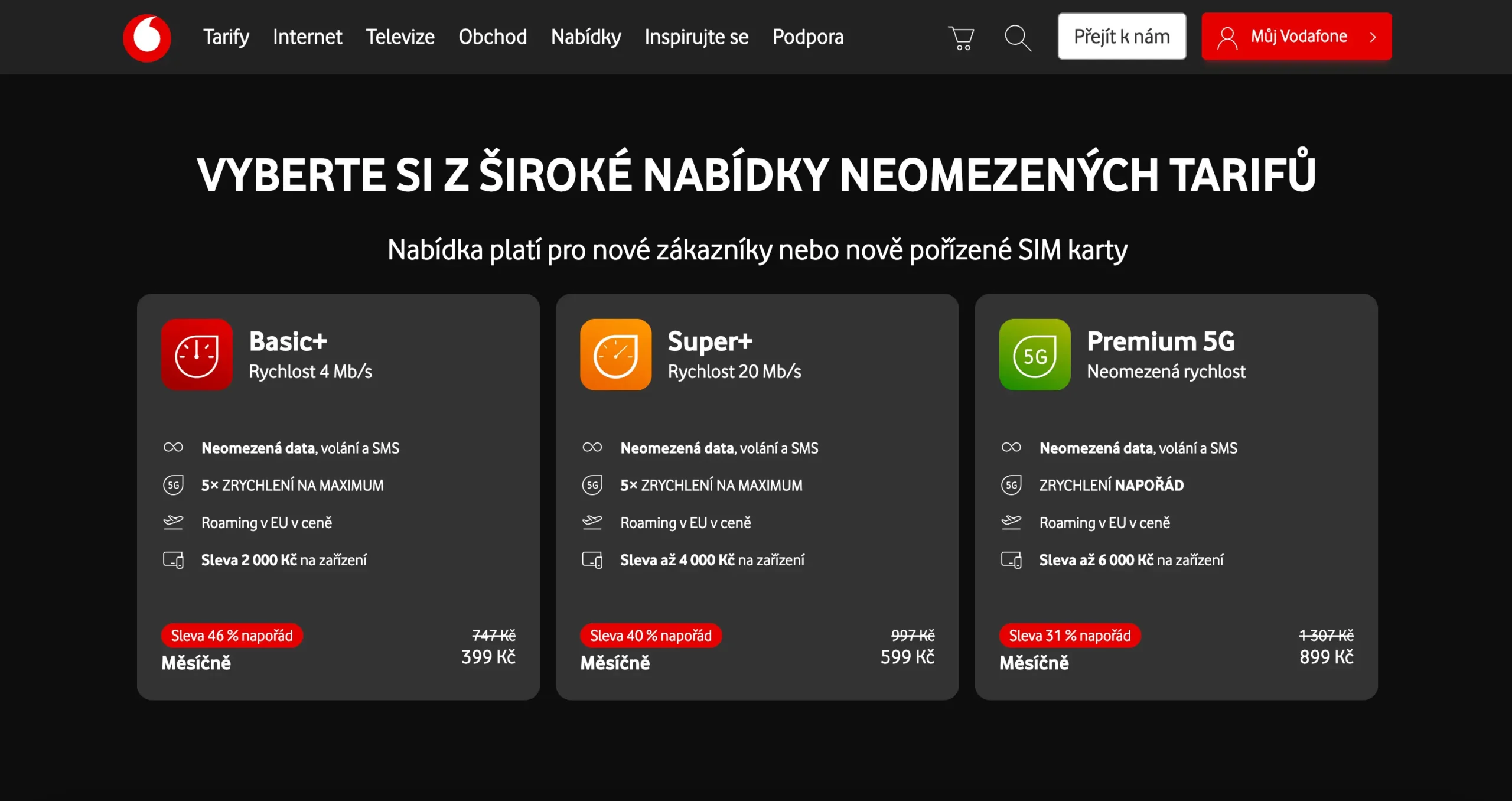 Přehled tarifů Vodafone: Basic+ za 399 Kč, Super+ za 599 Kč a Premium 5G za 899 Kč měsíčně, všechny s neomezenými daty, voláním a SMS, včetně slev na zařízení a roamingu v EU.