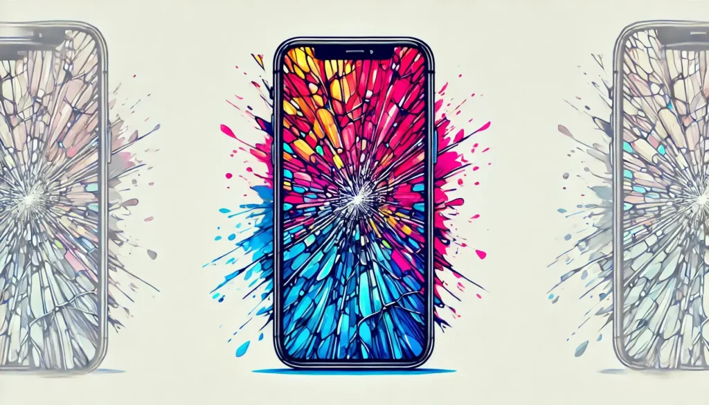 Ilustrace Apple telefonu s rozbitým displejem, obklopená barevným, živým pozadím s gradientem a abstraktními tvary.