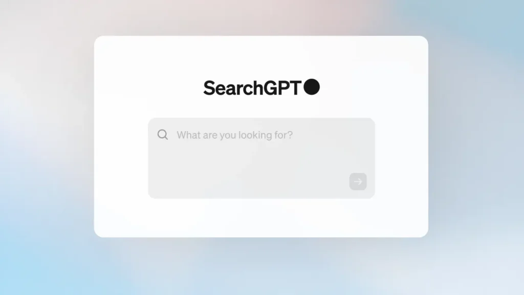 Rozhraní vyhledávacího nástroje SearchGPT od OpenAI, zobrazující jednoduchý vstupní box s textem ‚What are you looking for?‘ na bílém pozadí.