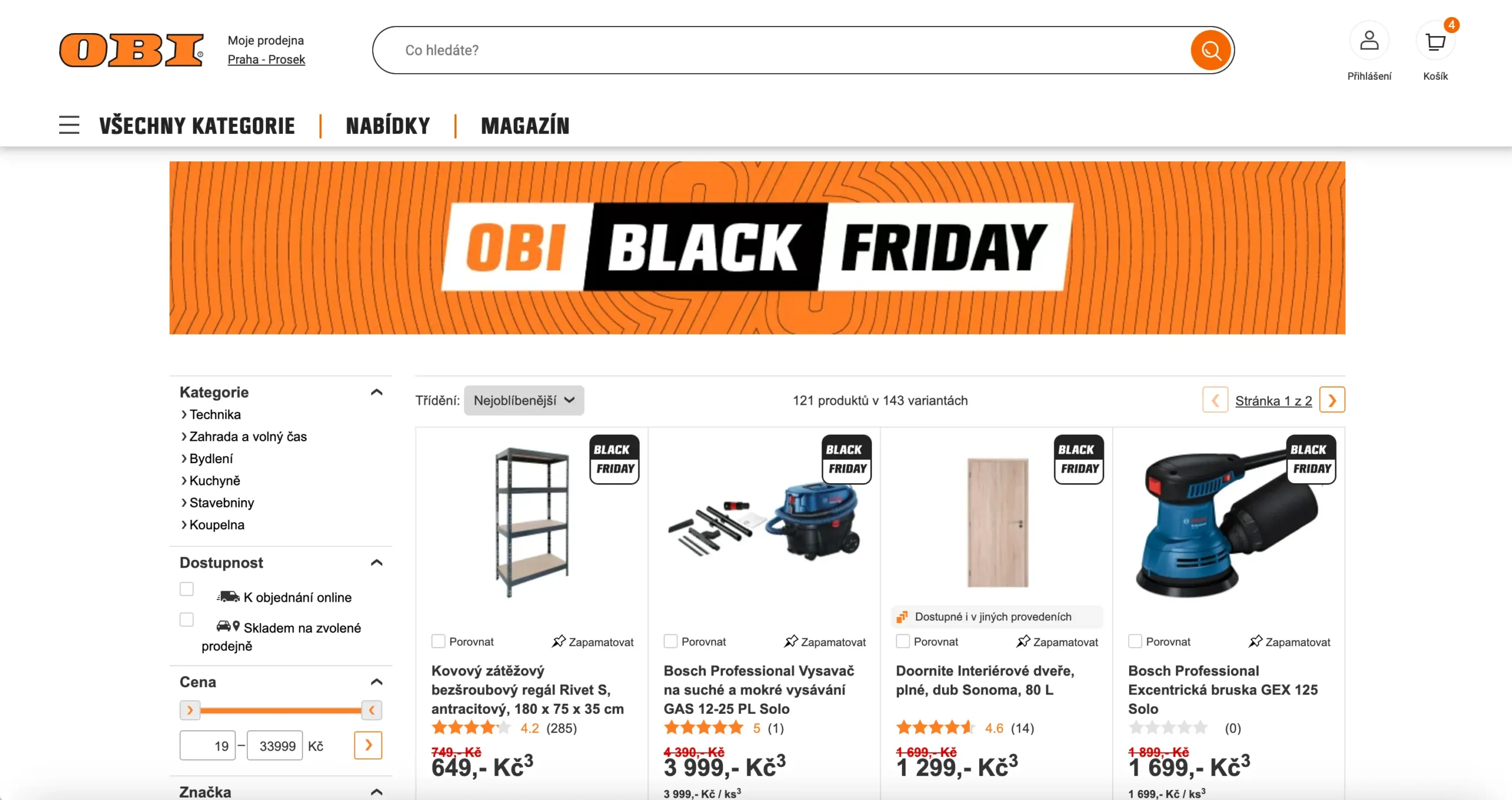 Nabídka zboží během OBI Black Friday – regály, nářadí Bosch a další akční produkty.