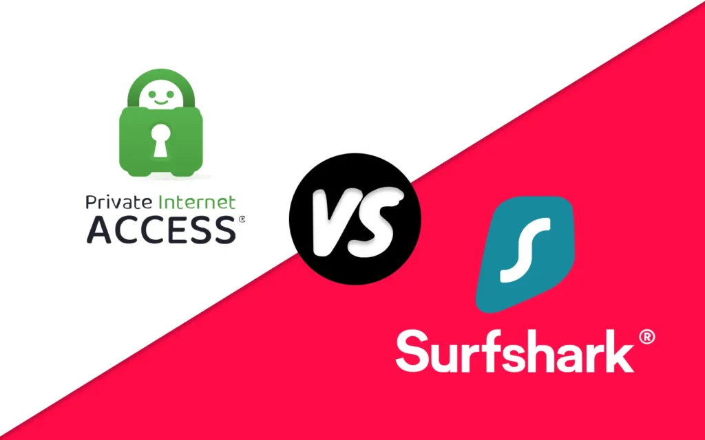 Porovnání VPN služeb Private Internet Access (PIA) a Surfshark. Na levé straně obrázku je logo Private Internet Access v zelené barvě s ikonou zámku, zatímco na pravé straně je logo Surfshark ve světle modré barvě s písmenem S. Mezi nimi je černý kruh s nápisem 'VS' pro zdůraznění srovnání těchto dvou služeb.