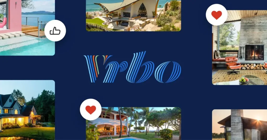 Logo Vrbo s ukázkami různých typů ubytování včetně luxusní vily u pláže, útulného venkovského domu a moderního interiéru s krbem.