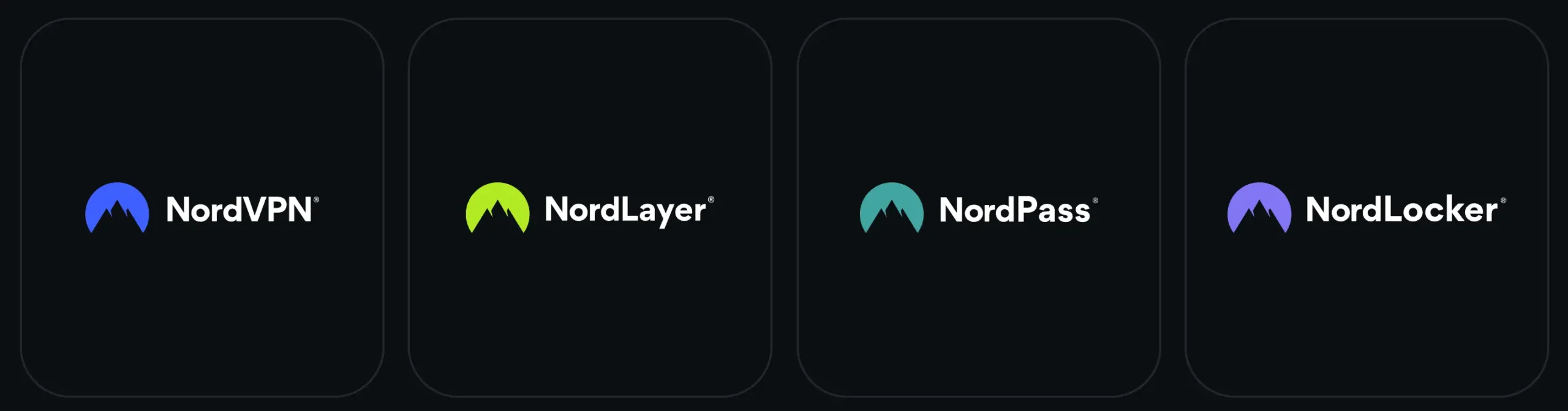 Loga produktů Nord Security – NordVPN, NordLayer, NordPass a NordLocker, zobrazená na černém pozadí.