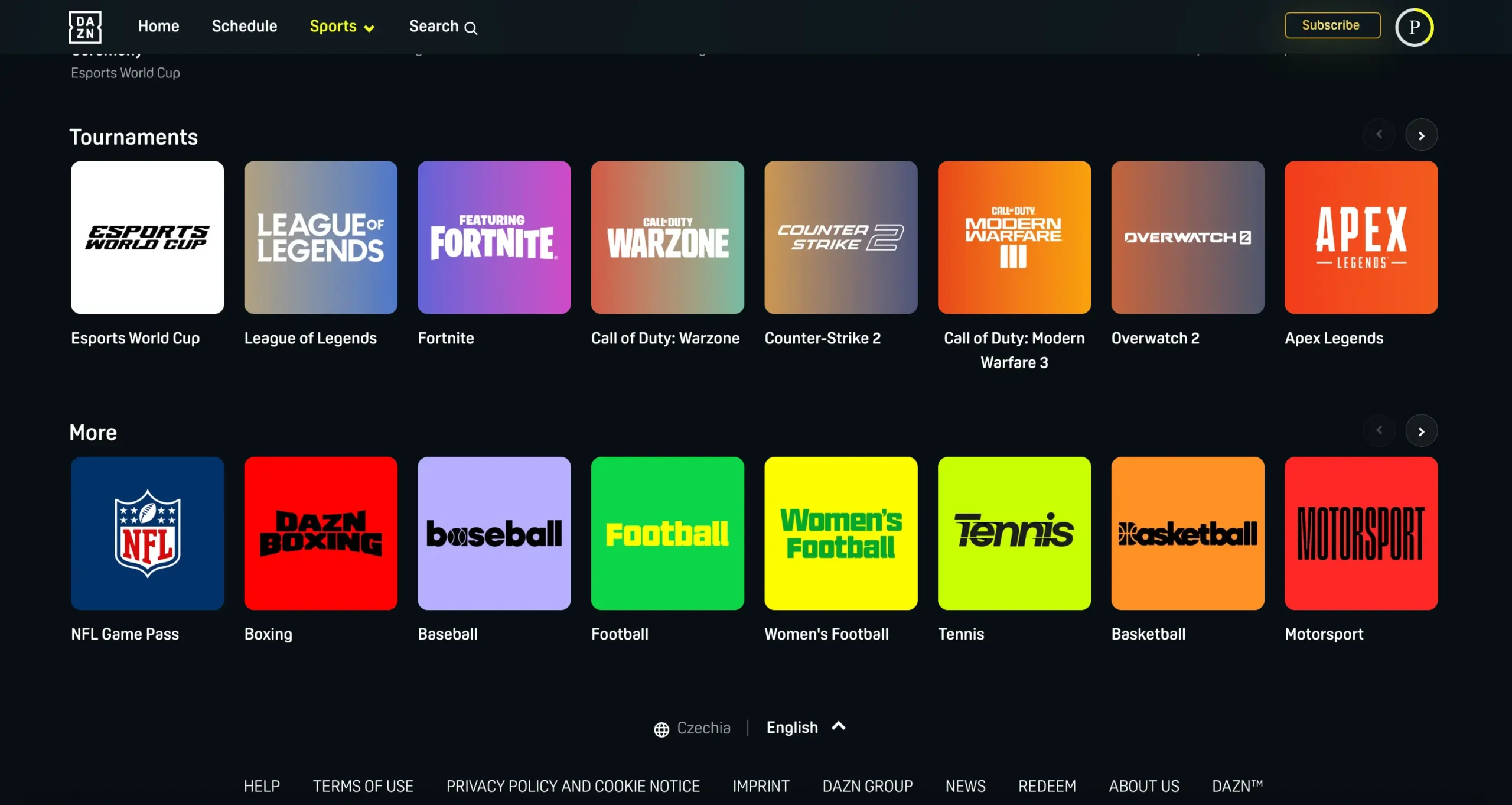 Výběr esportových turnajů na DAZN, včetně League of Legends, Fortnite, Call of Duty a Counter-Strike 2, zobrazený v uživatelském rozhraní platformy.