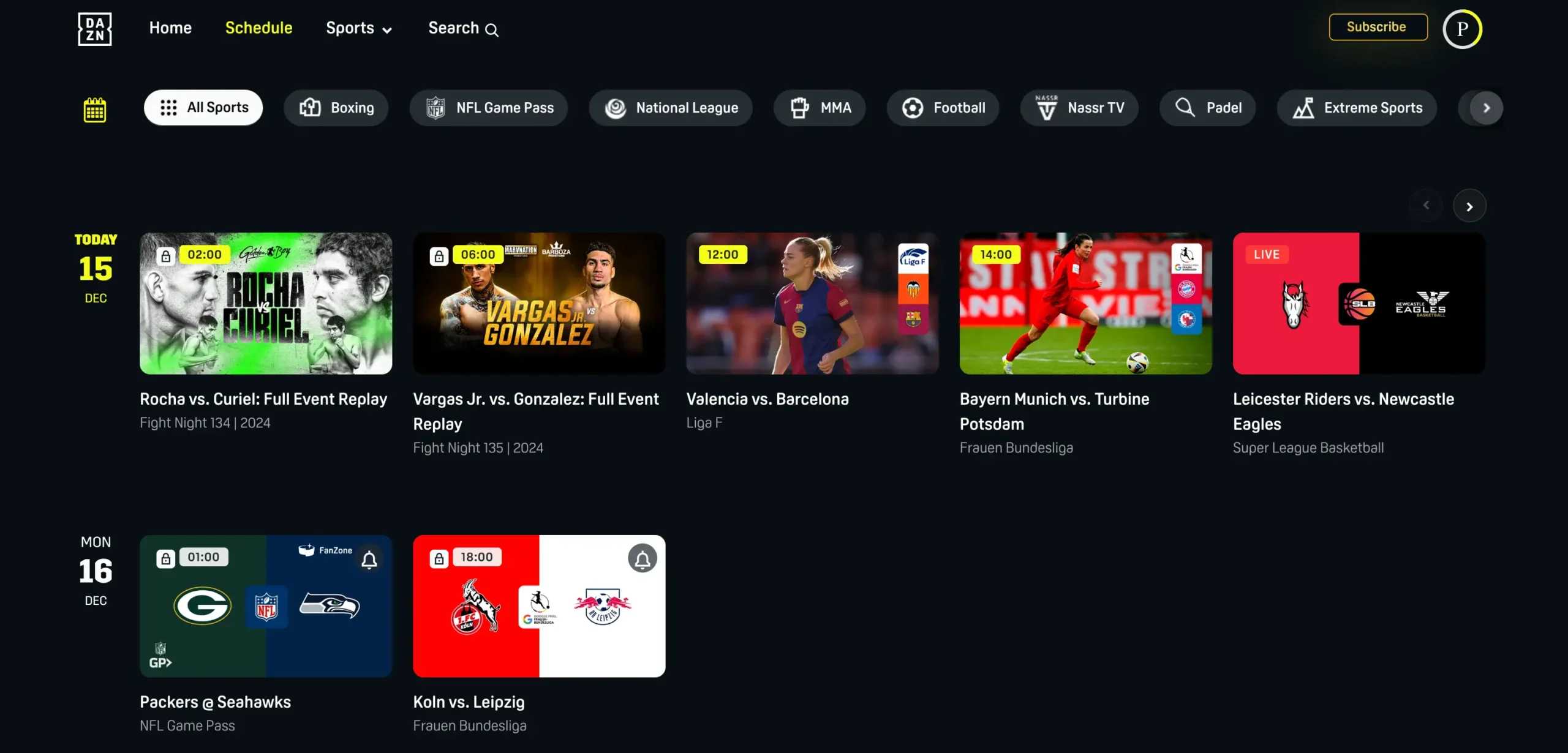 Rozpis dnešního sportovního programu na DAZN, včetně živých přenosů z boxu, ženského fotbalu, basketbalu a NFL Game Pass.